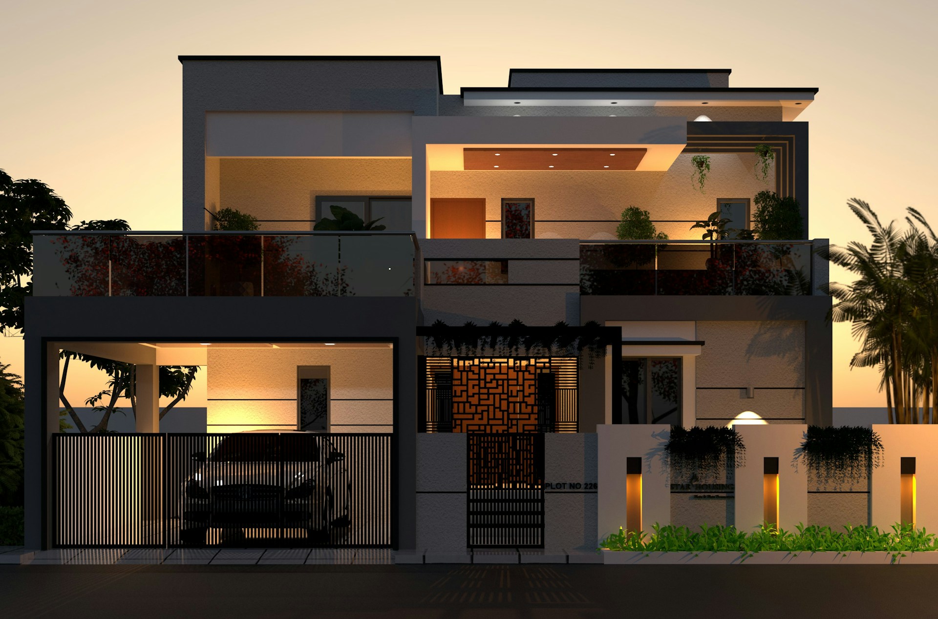 A premium property lit at dusk